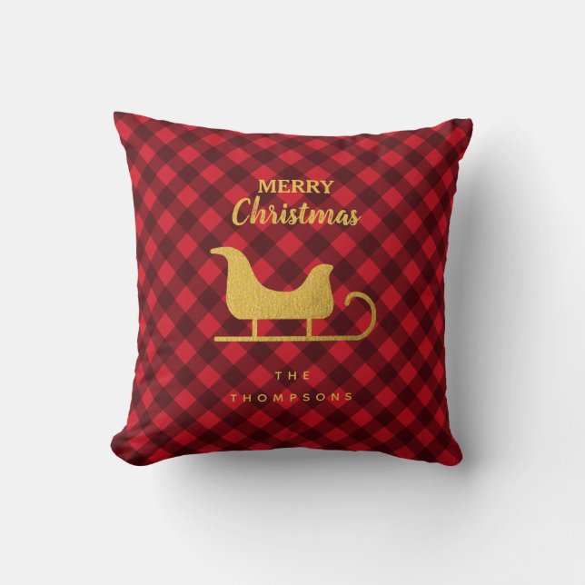 Christmas Red & Black Buffalo Plaid Santa Sleigh Cushion (Front)