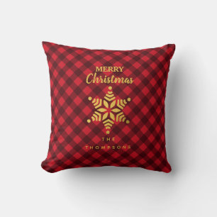 Christmas Red & Black Buffalo Plaid Star Snowflake Cushion