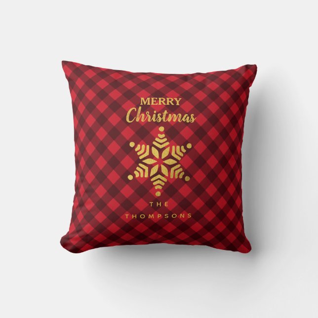 Christmas Red & Black Buffalo Plaid Star Snowflake Cushion (Front)