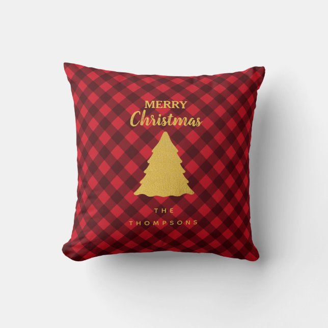 Christmas Red & Black Buffalo Plaid Xmas Tree  Cushion (Front)
