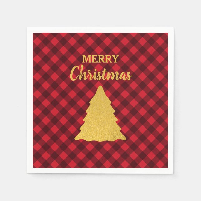 Christmas Red & Black Buffalo Plaid Xmas Tree Napkin (Front)