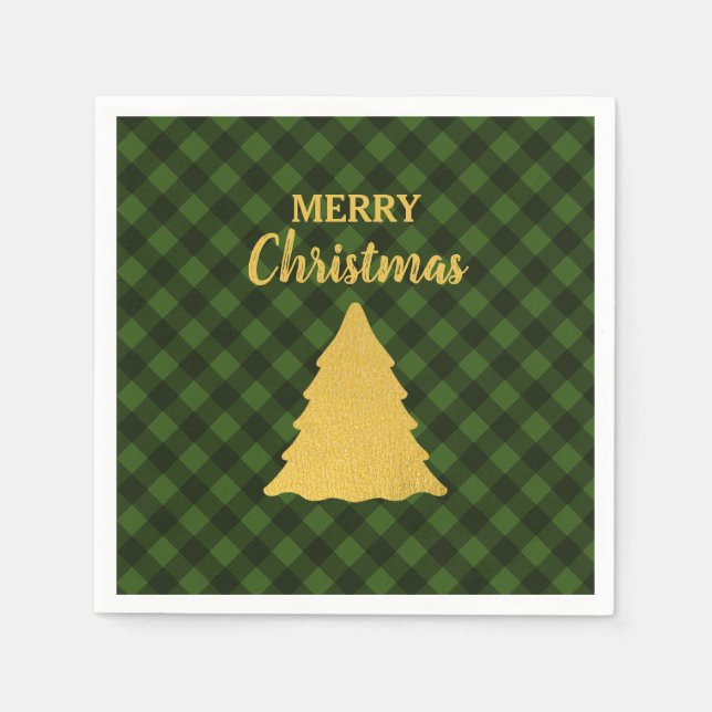 Christmas Red & Black Buffalo Plaid Xmas Tree  Napkin (Front)