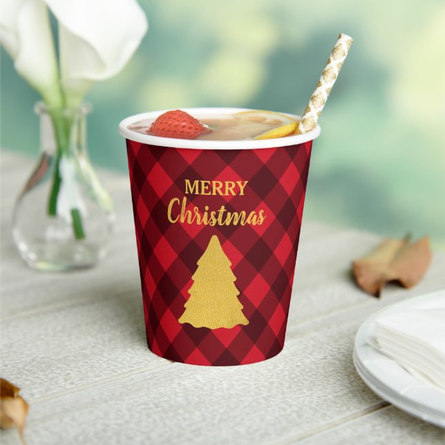 Christmas Red & Black Buffalo Plaid Xmas Tree Paper Cups (Insitu)