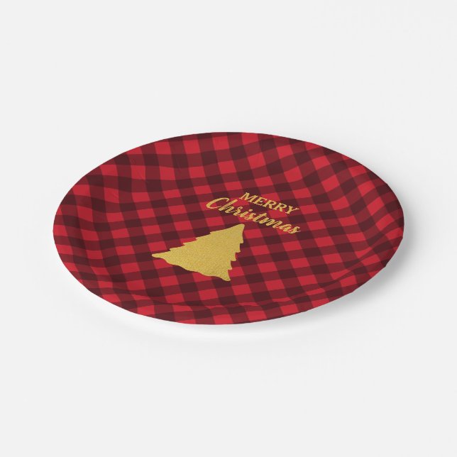 Christmas Red & Black Buffalo Plaid Xmas Tree  Paper Plate (Angled)