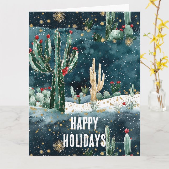 Christmas Red Blue Green Cactus Floral Card (Yellow Flower)