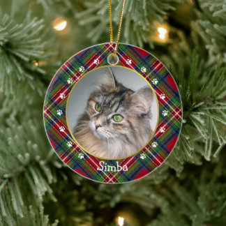 Christmas Red Blue Green Plaid Cat Photo & Name Ceramic Ornament