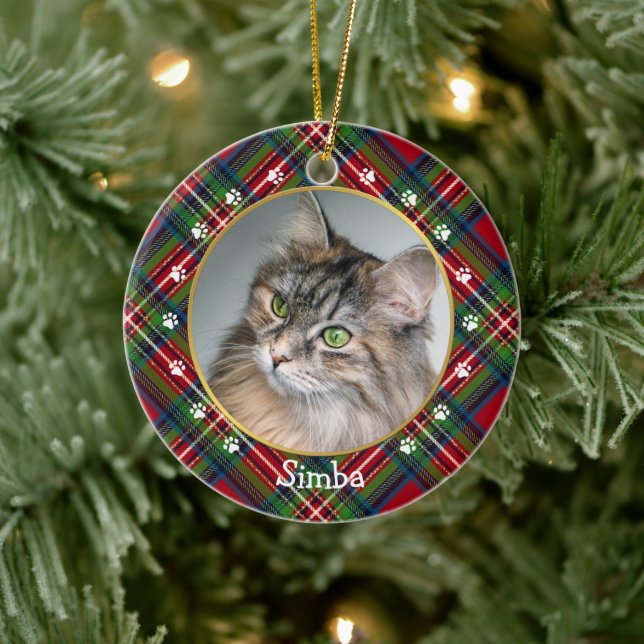 Christmas Red Blue Green Plaid Cat Photo & Name Ceramic Ornament (Tree)