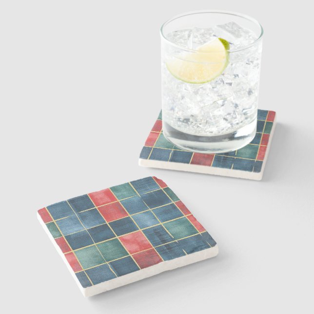 Christmas Red Blue Green Squares Stone Coaster (Side)
