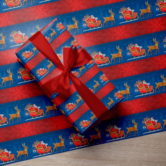 Christmas red blue Santa riding sleigh wrap Wrapping Paper (Creator Uploaded)