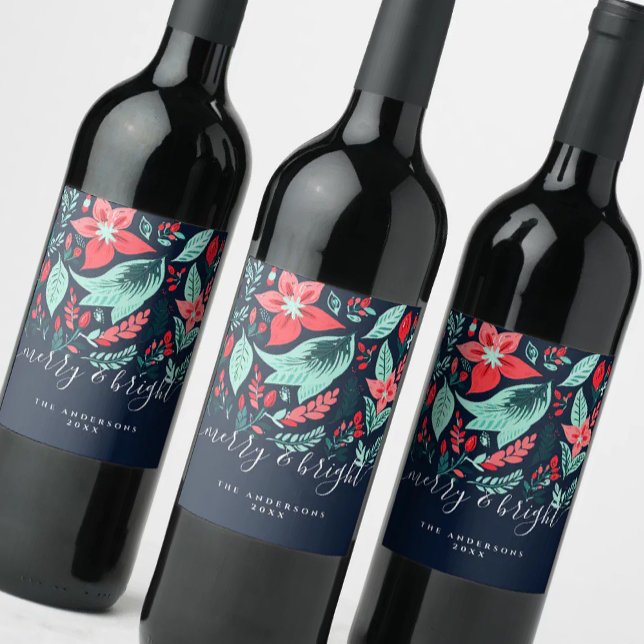 Christmas Red Botanical Floral Blue Holiday Wine Label (Creator Uploaded)