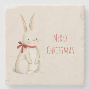 Christmas Red Bow Bunny Rabbit Stone Coaster