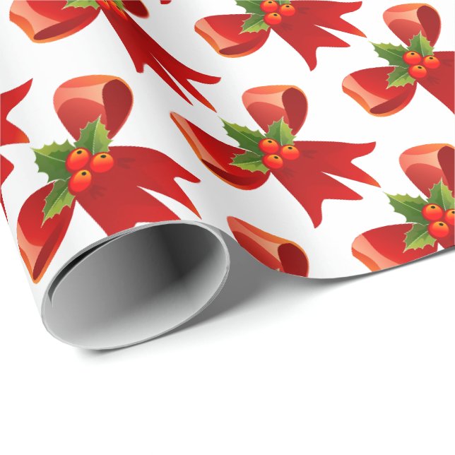 Christmas Red Bow Holly Wrapping Paper (Roll Corner)