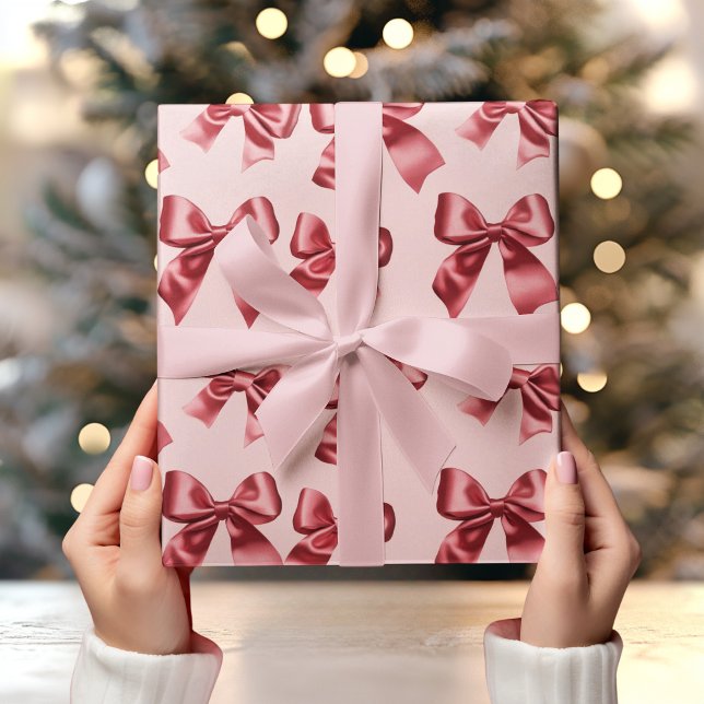 Christmas Red Bow on Pink Background  Wrapping Paper (Creator Uploaded)