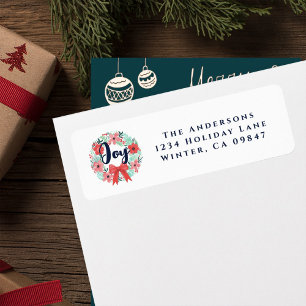 Christmas Red Bow Wreath Blue Joy Address Label Return Address Label
