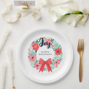 Christmas Red Bow Wreath Blue Joy Holiday Paper Plate