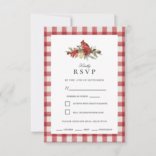 Christmas Red Buffalo Check Cardinal RSVP Card (Front)