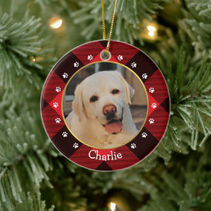 Christmas Red Buffalo Check Plaid Dog Photo & Name Ceramic Ornament