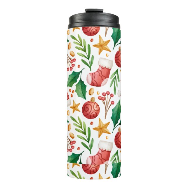 Christmas Red Bulbs, Poinsettia Parts and Nut  Thermal Tumbler (Front)