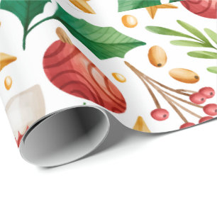 Christmas Red Bulbs, Poinsettia Parts and Nuts Wrapping Paper