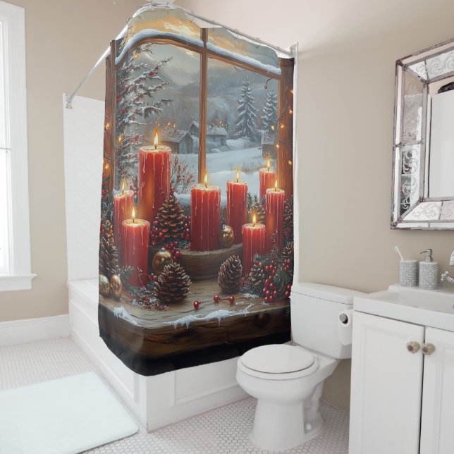 Christmas Red Candles Pine Cones Winter View  Shower Curtain (In Situ)
