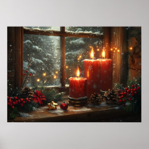Christmas Red Candles Wintery Window Poster
