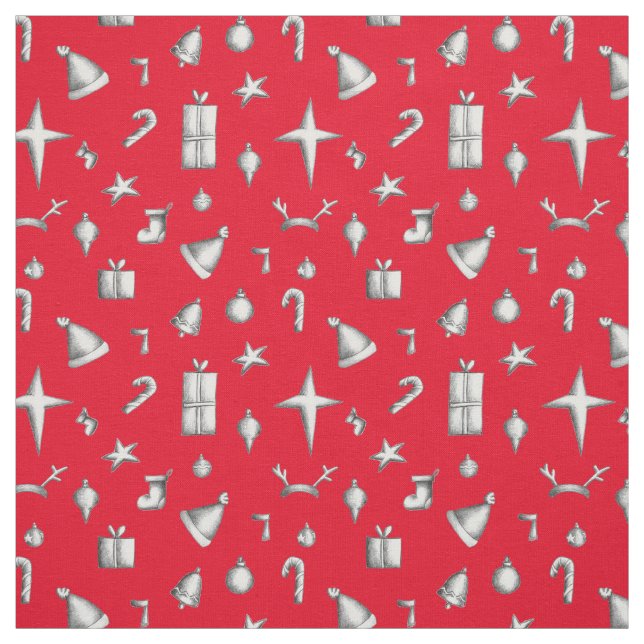 Christmas Red Candy Cane Stars Sleds Pattern Fabric (Swatch)
