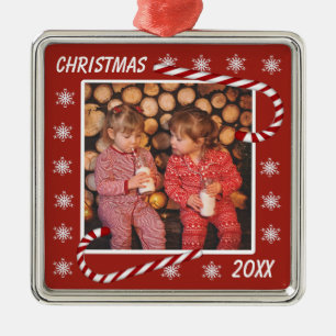 Christmas Red Candy Canes Custom Photo Metal Ornament