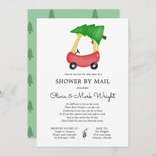 Christmas Red Car Baby Shower by Mail Invitation (Front/Back)
