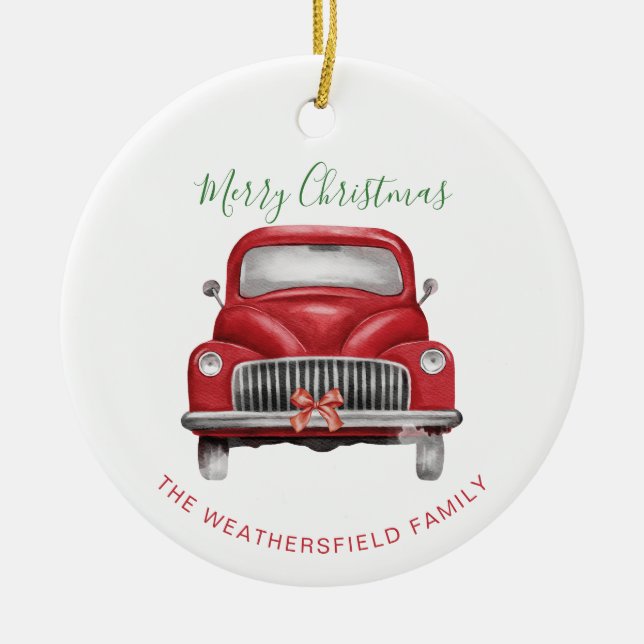 Christmas Red Car Script Elegant Holiday Ceramic Ornament (Front)
