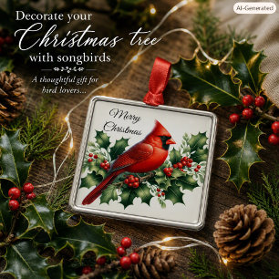 Christmas Red Cardinal and Holly Metal Ornament