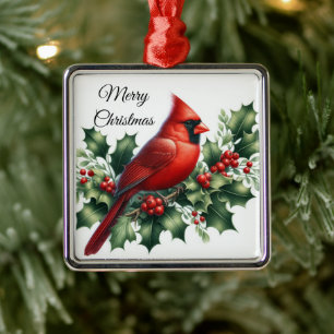 Christmas Red Cardinal and Holly Metal Ornament