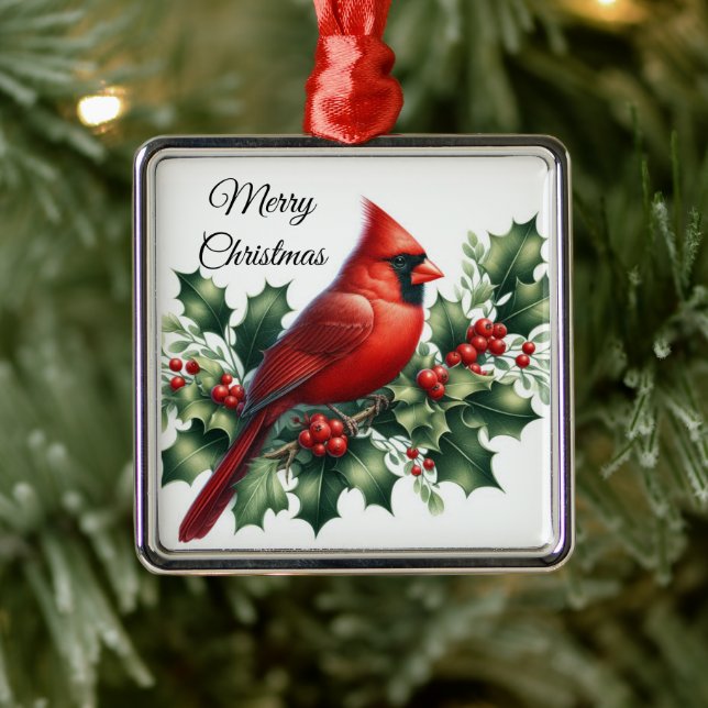 Christmas Red Cardinal and Holly  Metal Ornament (Tree)