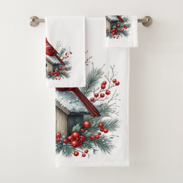 Christmas Red Cardinal  Bath Towel Set (Insitu)
