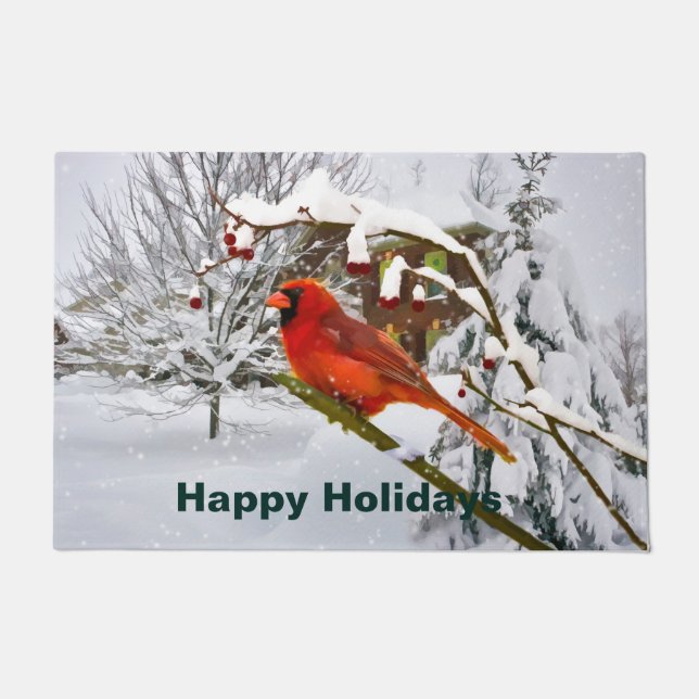 Christmas, Red Cardinal Bird and Snow Doormat (Front)