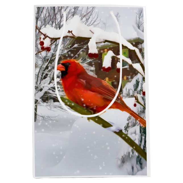 Christmas, Red Cardinal Bird and Snow Medium Gift Bag (Front)