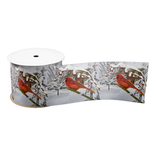 Christmas, Red Cardinal Bird and Snow Satin Ribbon (Spool)
