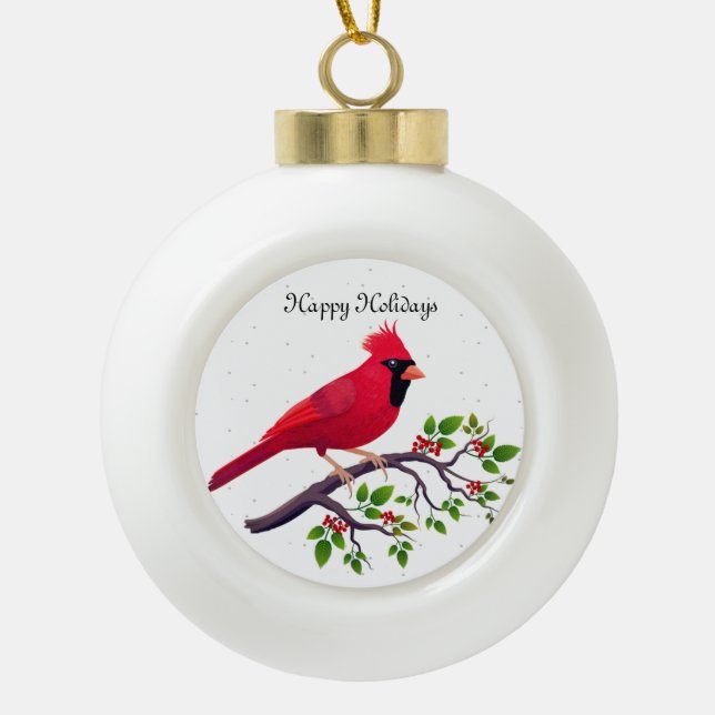 Christmas Red Cardinal Bird Ceramic Ball Christmas Ornament (Front)