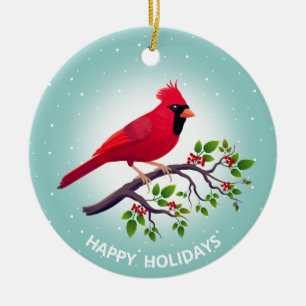 Christmas Red Cardinal Bird on Teal  Ceramic Ornament