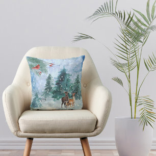 Christmas Red Cardinal Deer Trees Watercolor Cushion