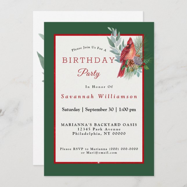 Christmas Red Cardinal Greenery Birthday Invitation (Front/Back)