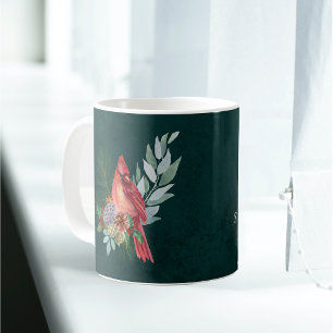 Christmas Red Cardinal Greenery Customisable Name Coffee Mug