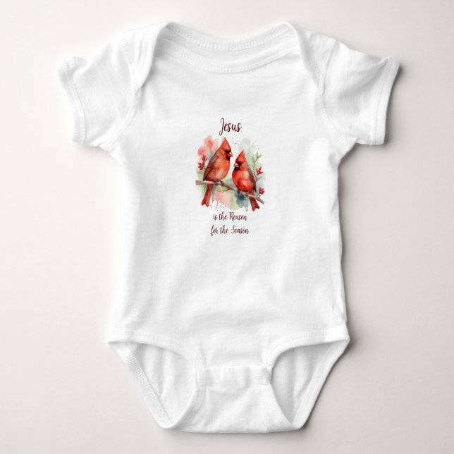 Christmas Red Cardinal Jesus Reason for Season Baby Bodysuit (Front)