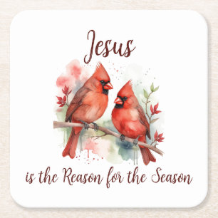 Christmas Red Cardinal Jesus Reason for Season Square Paper Coaster