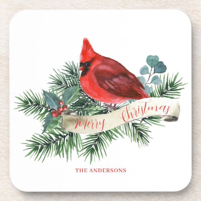 Christmas Red Cardinal Name  Coaster (Front)