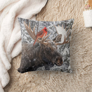 Christmas Red Cardinal On Snowy Moose Antlers Cushion