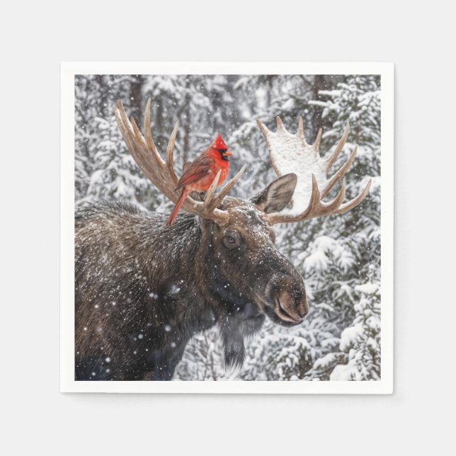 Christmas Red Cardinal On Snowy Moose Antlers Napkin (Front)