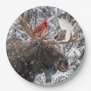 Christmas Red Cardinal On Snowy Moose Antlers Paper Plate