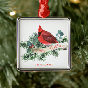 Christmas Red Cardinal Pine Berry Name Metal Ornament