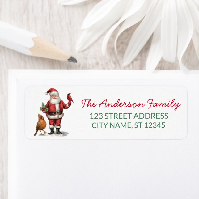 Christmas Red Cardinal Santa Return Address Label (Insitu)