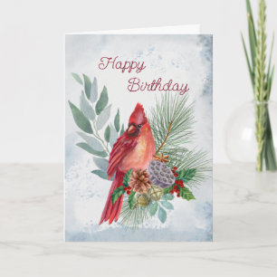Christmas Red Cardinal Watercolor Floral Birthday  Card